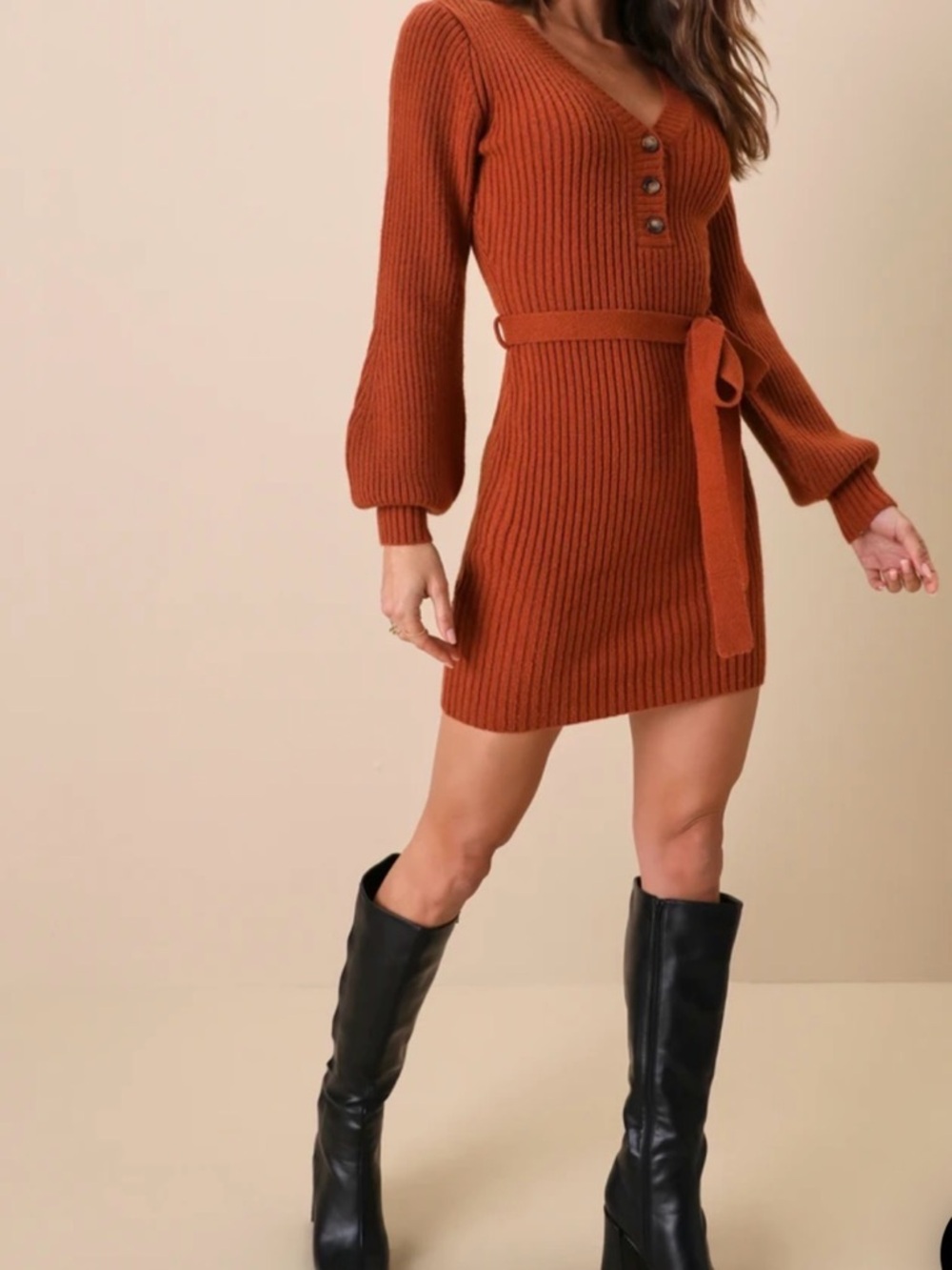 Lulus Cozy Charmer Rust Brown Long Sleeve Mini Sweater Dress
